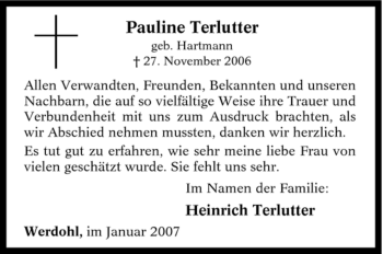 Traueranzeige von Pauline Terlutter von Tageszeitung