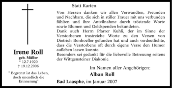 Traueranzeige von Irene Roll von Tageszeitung