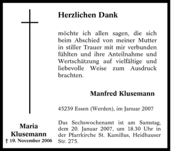 Traueranzeige von Maria Klusemann von Tageszeitung