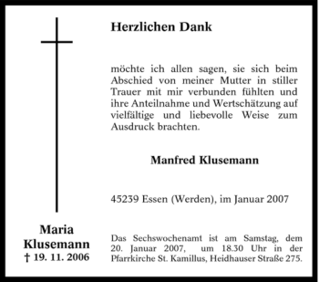 Traueranzeige von Maria Klusemann von Tageszeitung