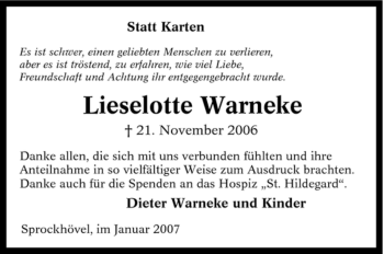 Traueranzeige von Lieselotte Warneke von Tageszeitung