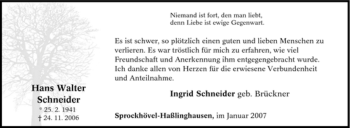 Traueranzeige von Hans Walter Schneider von Tageszeitung