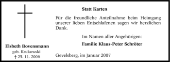 Traueranzeige von Elsbeth Bovensmann von Tageszeitung