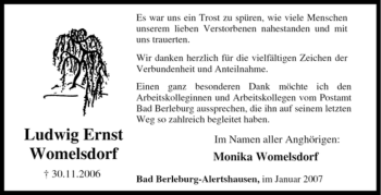 Traueranzeige von Ludwig Ernst Womelsdorf von Tageszeitung