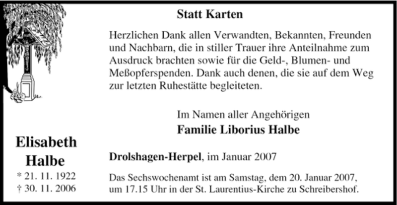  Traueranzeige für Elisabeth Halbe vom 13.01.2007 aus Tageszeitung
