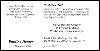 Traueranzeige von Pauline Hemer von Tageszeitung