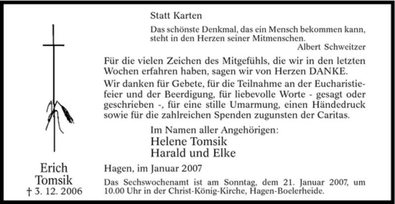  Traueranzeige für Erich Tomsik vom 13.01.2007 aus Tageszeitung
