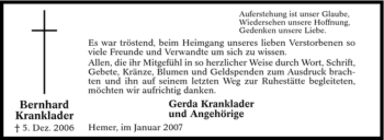 Traueranzeige von Bernhard Kranklader von Tageszeitung