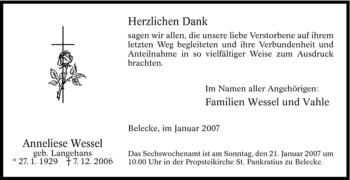 Traueranzeige von Anneliese Wessel von Tageszeitung