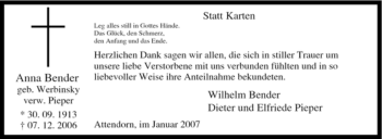 Traueranzeige von Anna Bender von Tageszeitung