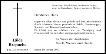 Traueranzeige von Hilde Rzepucha von Tageszeitung