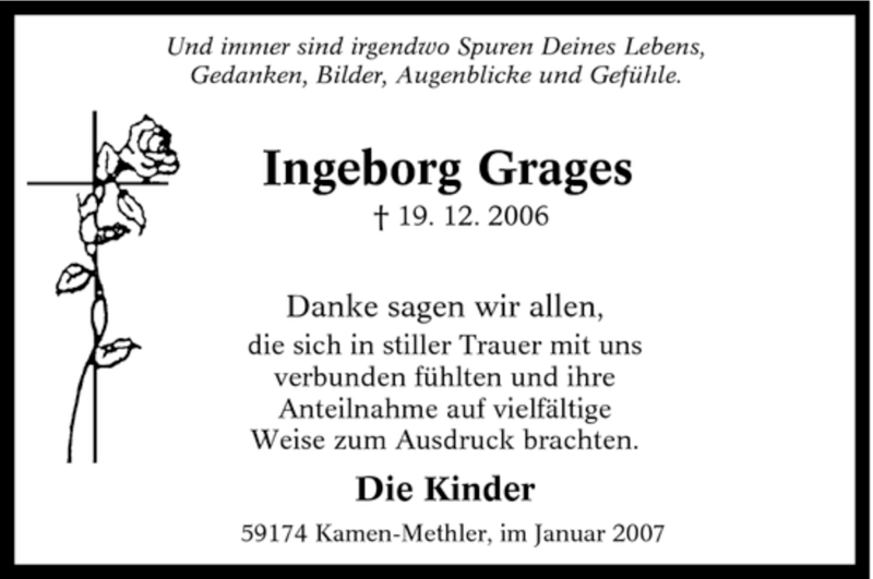  Traueranzeige für Ingeborg Grages vom 13.01.2007 aus Tageszeitung