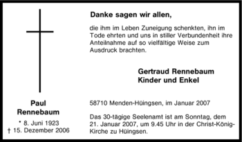 Traueranzeige von Paul Rennebaum von Tageszeitung