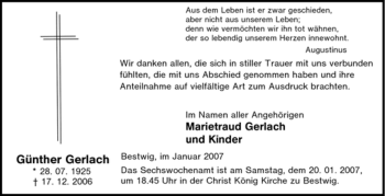 Traueranzeige von Günther Gerlach von Tageszeitung