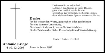 Traueranzeige von Antonie Kriege von Tageszeitung