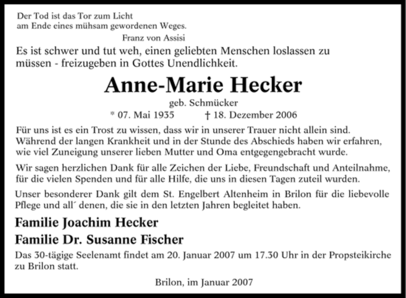  Traueranzeige für Anne-Marie Hecker vom 13.01.2007 aus Tageszeitung