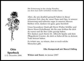 Traueranzeige von Otto Sporbeck von Tageszeitung
