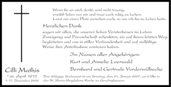 Traueranzeige von Cilli Mathis von Tageszeitung