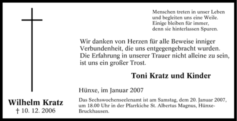  Traueranzeige für Wilhelm Kratz vom 13.01.2007 aus Tageszeitung