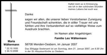 Traueranzeige von Maria Wältermann von Tageszeitung