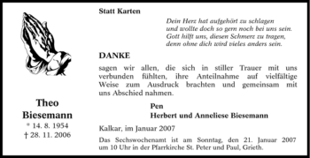Traueranzeige von Theo Biesemann von Tageszeitung