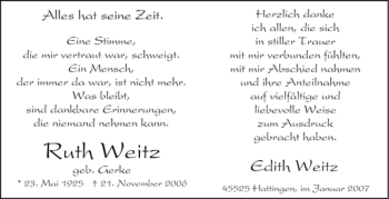 Traueranzeige von Ruth Weitz von Tageszeitung
