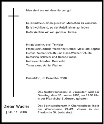 Traueranzeige von Dieter Wadler von Tageszeitung