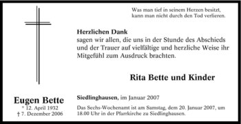 Traueranzeige von Eugen Bette von Tageszeitung