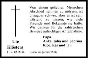 Traueranzeige von Ute Klösters von Tageszeitung