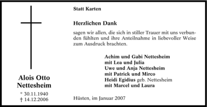  Traueranzeige für Alois Otto Nettesheim vom 13.01.2007 aus Tageszeitung
