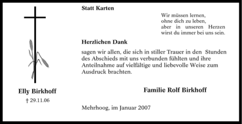  Traueranzeige für Elly Birkhoff vom 13.01.2007 aus Tageszeitung