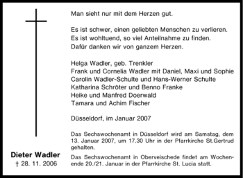 Traueranzeige von Dieter Wadler von Tageszeitung