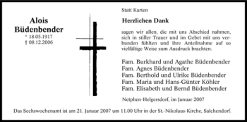 Traueranzeige von Alois Büdenbender von Tageszeitung