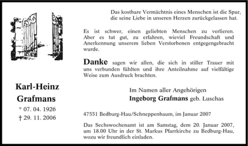  Traueranzeige für Karl-Heinz Grafmans vom 15.01.2007 aus Tageszeitung
