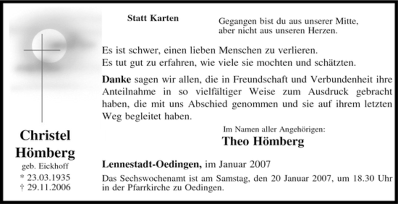  Traueranzeige für Christel Hömberg vom 16.01.2007 aus Tageszeitung