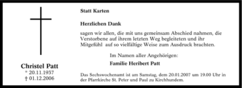 Traueranzeige von Christel Patt von Tageszeitung