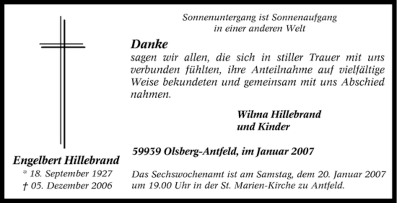  Traueranzeige für Engelbert Hillebrand vom 16.01.2007 aus Tageszeitung