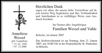 Traueranzeige von Anneliese Wessel von Tageszeitung