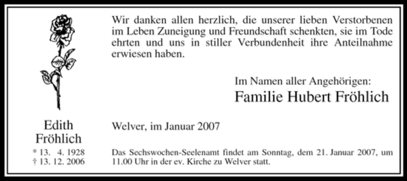  Traueranzeige für Edith Fröhlich vom 15.01.2007 aus Tageszeitung