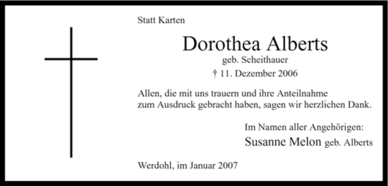  Traueranzeige für Dorothea Alberts vom 17.01.2007 aus Tageszeitung