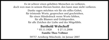 Traueranzeige von Berthold Welschoff von Tageszeitung