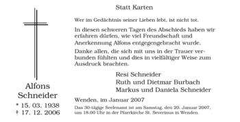 Traueranzeige von Alfons Schneider von Tageszeitung