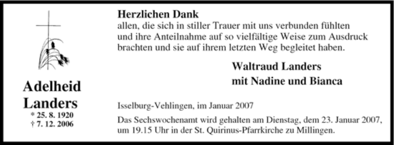  Traueranzeige für Adelheid Landers vom 17.01.2007 aus Tageszeitung