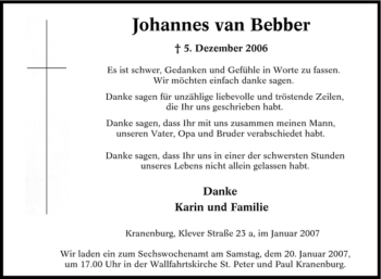 Traueranzeige von Johannes van Bebber von Tageszeitung