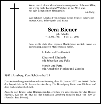 Traueranzeige von Sera Biener von Tageszeitung