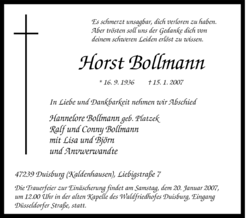  Traueranzeige für Horst Bollmann vom 17.01.2007 aus Tageszeitung