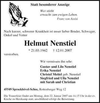 Traueranzeige von Helmut Nenstiel von Tageszeitung
