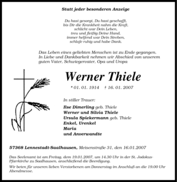 Traueranzeige von Werner Thiele von Tageszeitung