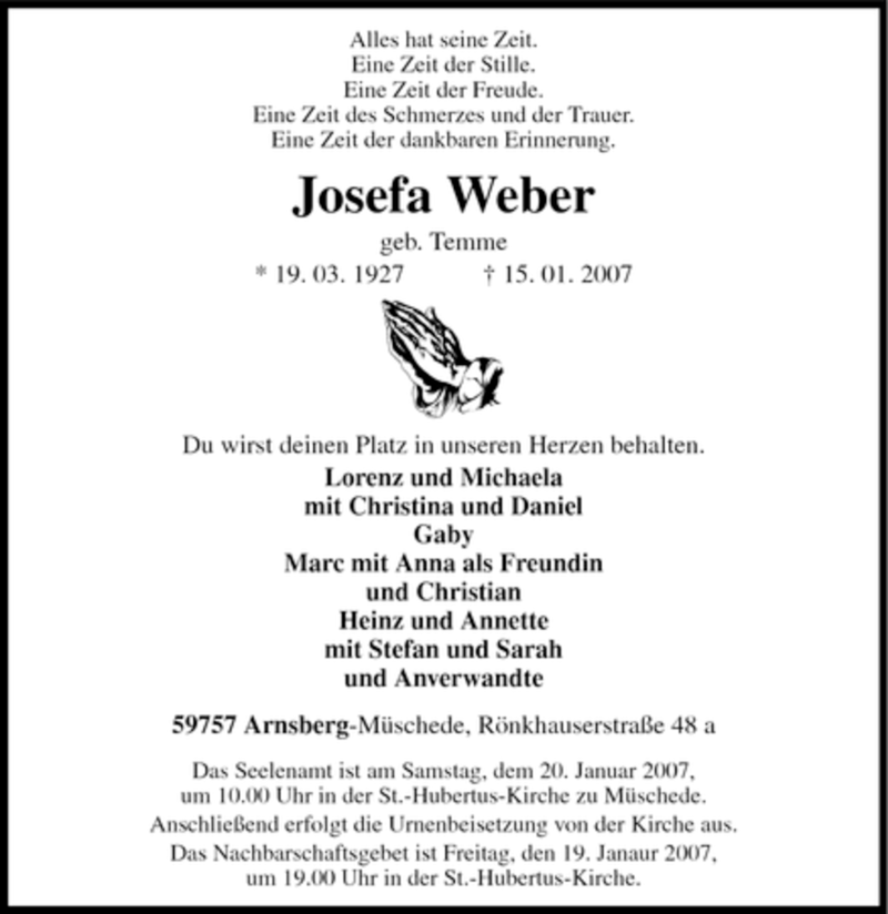  Traueranzeige für Josefa Weber vom 17.01.2007 aus Tageszeitung