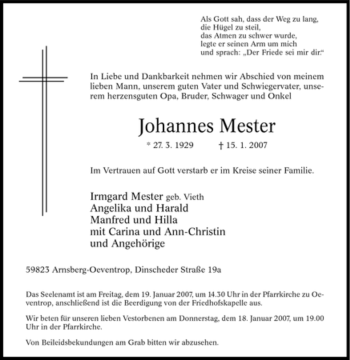 Traueranzeige von Johannes Mester von Tageszeitung